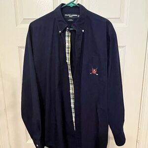 Ralph Lauren Golf Tilden Men M Dark Blue w Plaid Long Slv Preppy Button down
